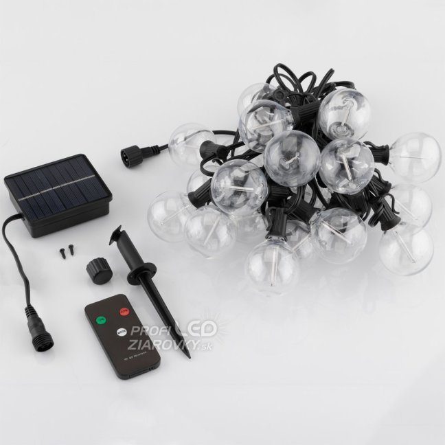 Solárna záhradná girlanda 20x LED dekoratívne žiarovky G50 10,6 m 3000K RGB + diaľkové ovládanie EREMI LUMILED