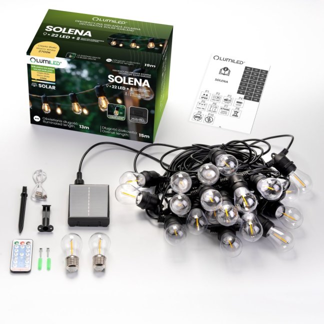 Solárna záhradná girlanda 22x LED ozdobné žiarovky 15m 2700K teplá biela + diaľkový ovládač SOLENA LUMILED