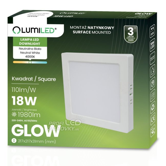 Stropné svietidlo LED s povrchovou montážou 18W Square 4000K GLOW White LUMILED