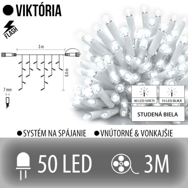 Viktória spojovateľná led svetelná záclona vonkajšia flash - 50led - 3m studená biela / flash prebliknutie studená biela - biely kábel