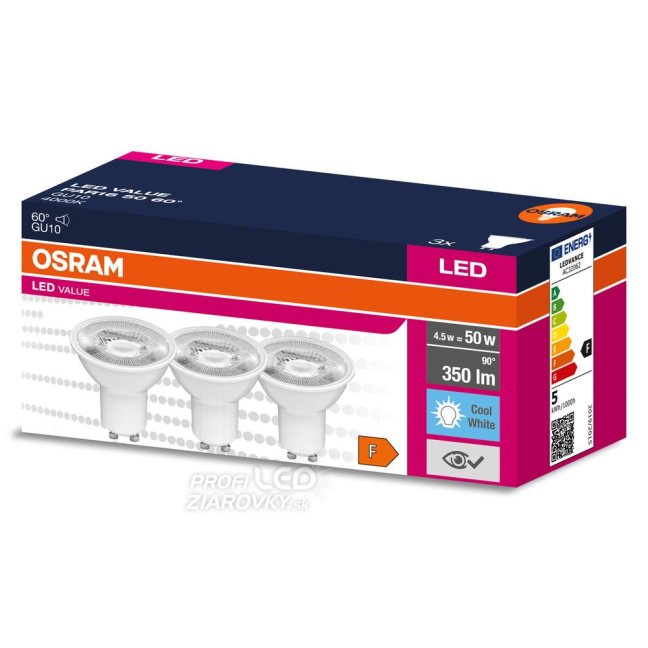 3PAK LED žiarovka GU10 4,5W = 50W 350lm 4000K Neutrálna 60° OSRAM VALUE
