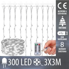 Svetelný záves vnútorný USB 3 × 3 m, 300 LED, studená biela, 8 programov