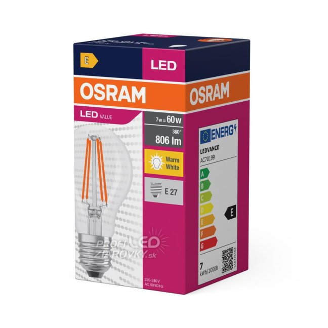 LED žiarovka E27 A60 7W = 60W 806lm 2700K Warm 320° Filament OSRAM