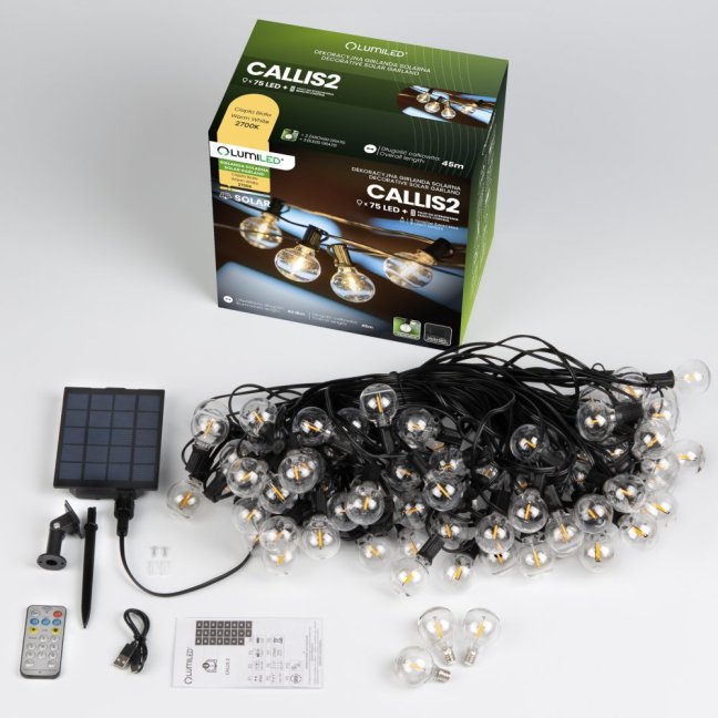 Solárna záhradná girlanda 75x LED ozdobné guľôčky 45m 2700K teplá biela + diaľkový ovládač CALLIS2 LUMILED