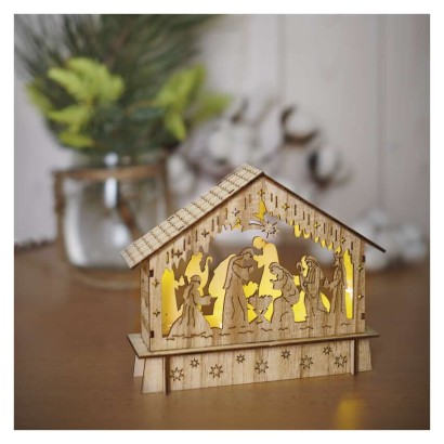 LED vianočný betlehem drevený, 15 cm, 2x AA, vnútorný, teplá biela, časovač