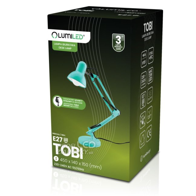 Stolová kresliaca lampa E27 TOBI Mint Lumiled + držiak na dosku