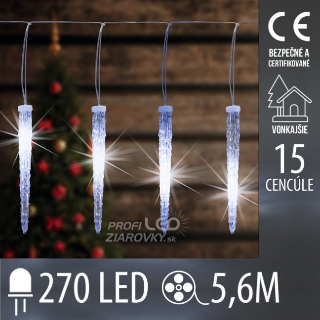 Vianočná led svetelná reťaz vonkajšia - 15 cencúle - 270led - 5,6m studená biela