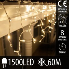 Svetelný záves s cencúľmi vonkajší 60 m, 1500 LED, teplá biela, 8 programov, časovač, ovládač – sada 3 ks