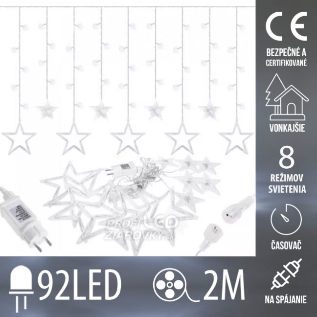 Svetelný záves s hviezdami vonkajší 2 m, 92 LED, studená biela, 8 programov