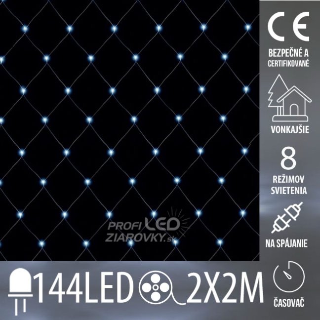 Svetelná sieť vonkajšia 2 × 2 m, 144 LED, studená biela, 8 programov