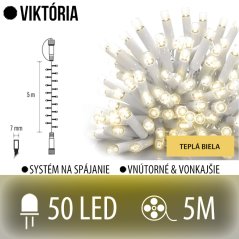 Viktória spojovateľná led svetelná reťaz vonkajšia - 50led - 5m teplá biela - biely kábel