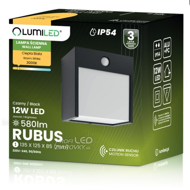Záhradná nástenná lampa LED vonkajšie nástenné svietidlo s pohybovým senzorom PIR IP54 12W 3000K RUBUS LUMILED