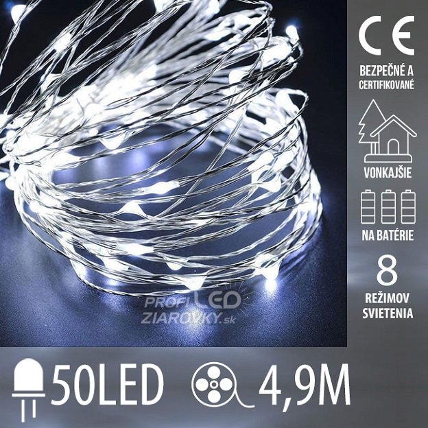 Svetelná mikro reťaz vonkajšia na batérie 4,9 m, 50 LED, studená biela, 8 programov