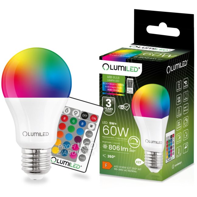 LED žiarovka E27 A60 9W = 60W 806lm 3000K + RGB Multicolour 260° Stmievateľná Pilot LUMILED