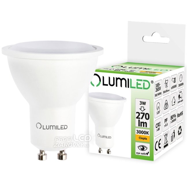 LED žiarovka GU10 - 3W = 30W 270lm - 3000K - Teplá - 120° - LUMILED