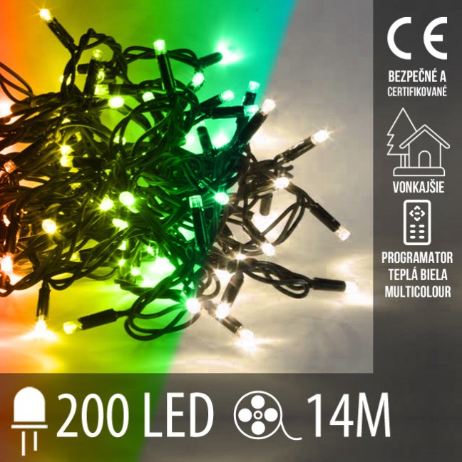 Vianočná led svetelná reťaz vonkajšia s časovačom + programátor + 2 farebné variácie - 200led - 14m teplá biela/multicolour Vianočná led svetelná reťaz vonkajšia s časovačom + programátor + 2 farebné variácie - 200led - 14m teplá biela/multicolour