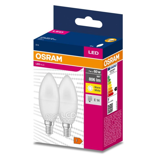 2PAK LED žiarovka E14 B35 7W = 60W 806lm 3000K Warm 220° OSRAM VALUE