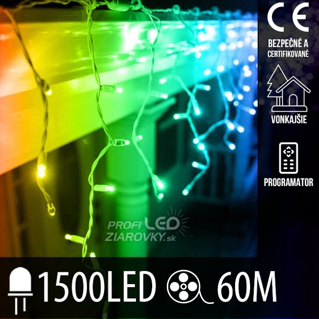 Svetelný záves vonkajší 60 m, 1500 LED, farebná, svetelné programy