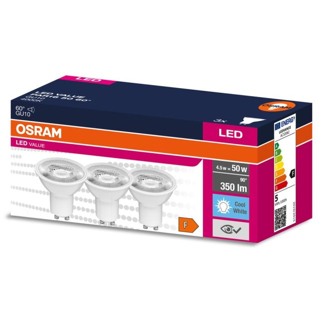 3PAK LED žiarovka GU10 4,5W = 50W 350lm 4000K Neutrálna 60° OSRAM VALUE