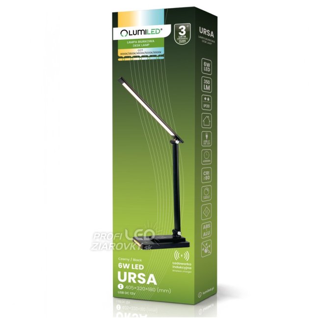 Lampa stolová LED dotyková s nabíjačkou indukčnou CCT Usb C URSA 6W 350lm čierna Lumiled
