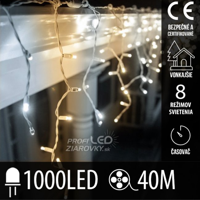 Svetelný záves s cencúľmi vonkajší 40 m, 1000 LED, teplá a studená biela, 8 programov, časovač, ovládač – sada 2 ks