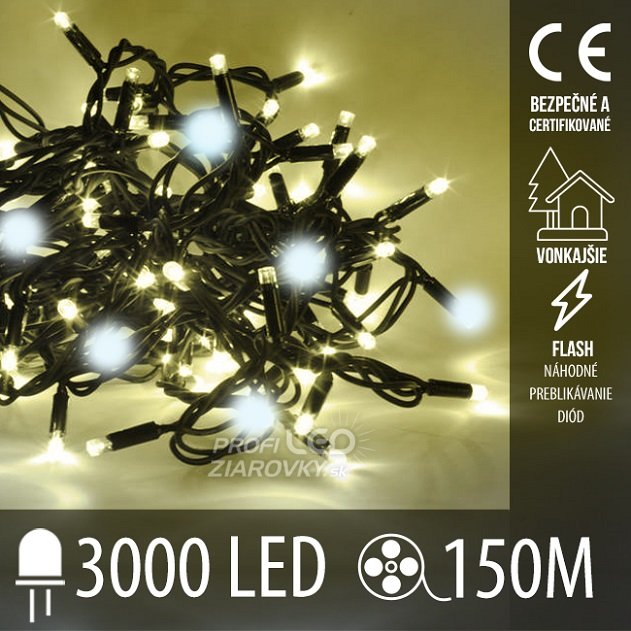 Svetelná reťaz vonkajšia 150 m, 3000 LED, teplá biela, flash studená biela