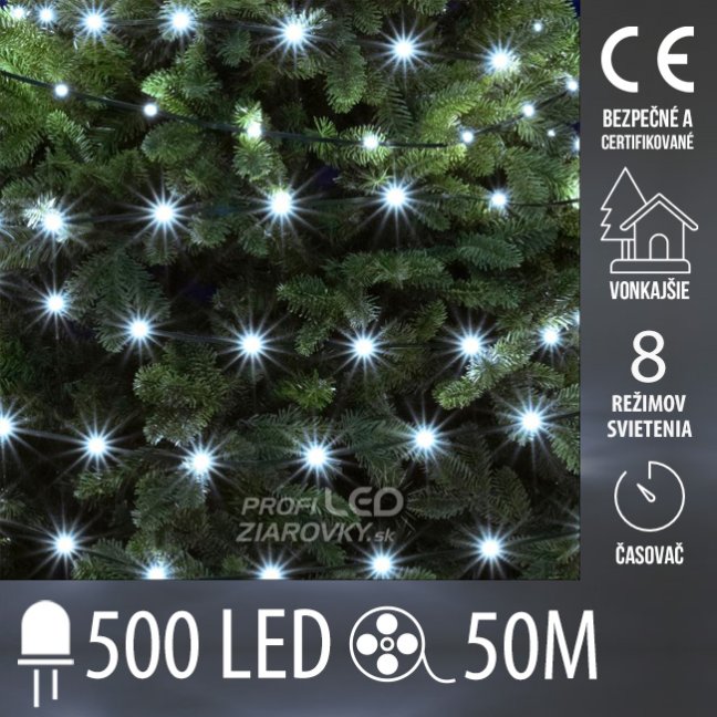 Svetelná reťaz DOT vonkajšia 50 m, 500 LED, studená biela, 8 programov