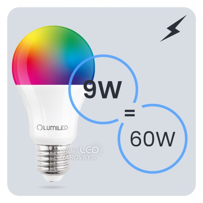 LED žiarovka E27 A60 9W = 60W 806lm 3000K + RGB Multicolour 260° Stmievateľná Pilot LUMILED