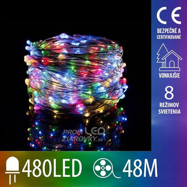 Svetelná mikro reťaz vonkajšia 48 m, 480 LED, farebná, na spájanie, svetelné programy