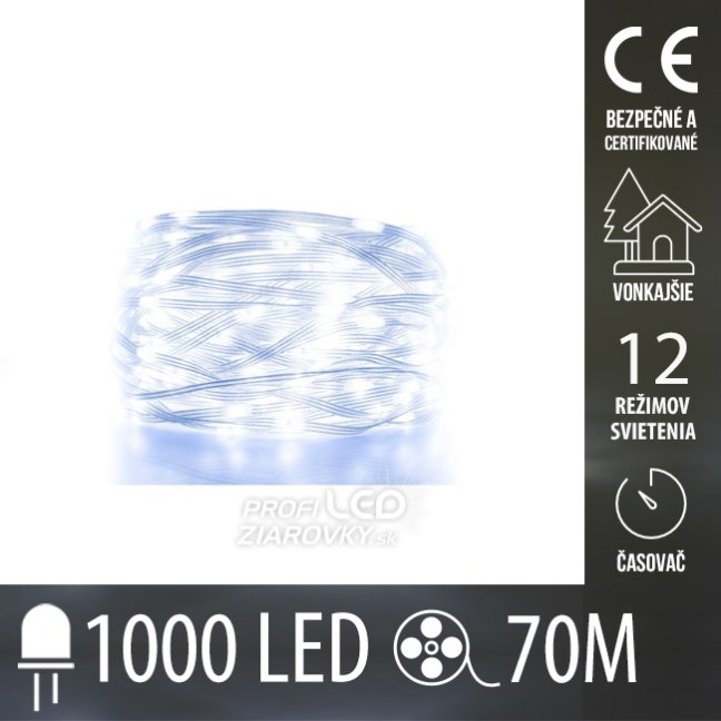 Svetelná reťaz DOT vonkajšia 70 m, 1000 LED, studená biela, 4 programov