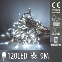 Svetelná reťaz vonkajšia na batérie 9 m, 120 LED, studená biela, 8 programov
