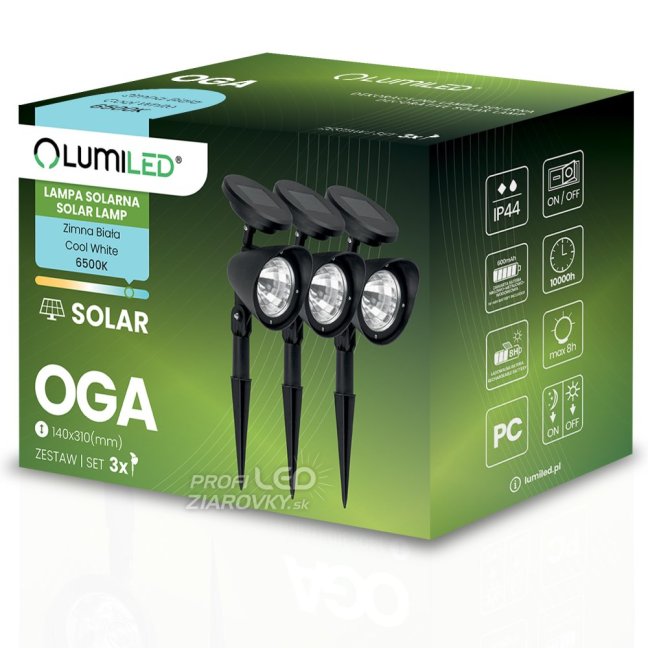 3x LED solárne záhradné bodové svietidlo OGA reflektor IP44 6500K LUMILED