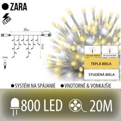 Zara led svetelná záclona vonkajšia flash - 800led - 20m teplá biela/flash prebliknutie studená biela - transparentný kábel