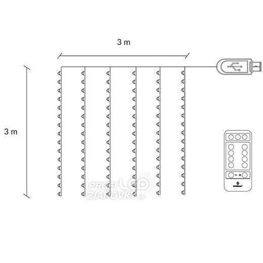 Svetelný záves vnútorný USB 3 × 3 m, 300 LED, studená biela, 8 programov