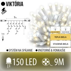 Viktória led svetelná záclona vonkajšia flash - 150led - 9m teplá biela / flash prebliknutie studená biela - biely kábel