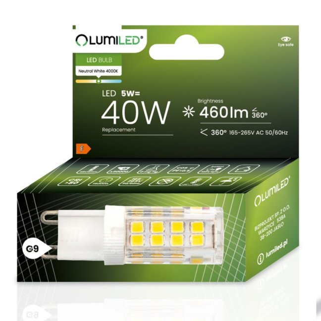 LED žiarovka G9 s päticou 5W = 40W 460lm 4000K Neutrálna 360° LUMILED