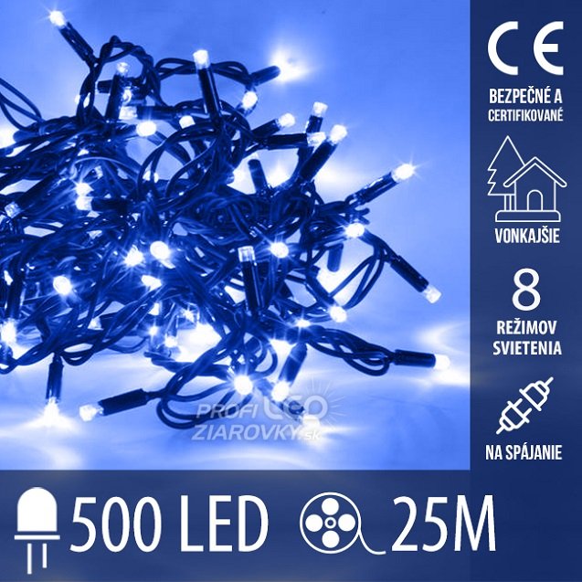 Svetelná reťaz vonkajšia 25 m, 500 LED, modrá, na spájanie, 8 programov