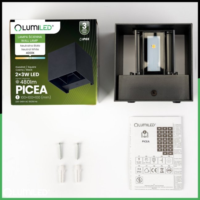 LED fasádne nástenné svietidlo 2x3W 4000K Nastaviteľné zhora nadol Čierna PICEA LUMILED