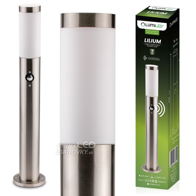 Záhradný stĺpik vonkajší E27 INOX 65cm so senzorom pohybu Lilium LUMILED