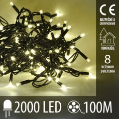 Svetelná reťaz vonkajšia 100 m, 2000 LED, teplá biela, svetelné programy