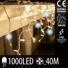 Svetelný záves s cencúľmi vonkajší 40 m, 1000 LED, teplá biela, flash studená biela – sada 2 ks