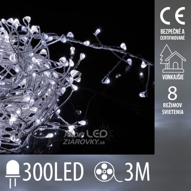 Svetelná mikro reťaz cluster vonkajšia 3 m, 300 LED, studená biela, 8 programov
