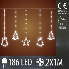 Vianočná led svetelná záclona vonkajšia - záves - zvonček/stromček/hviezda - 186led - 2m studená biela