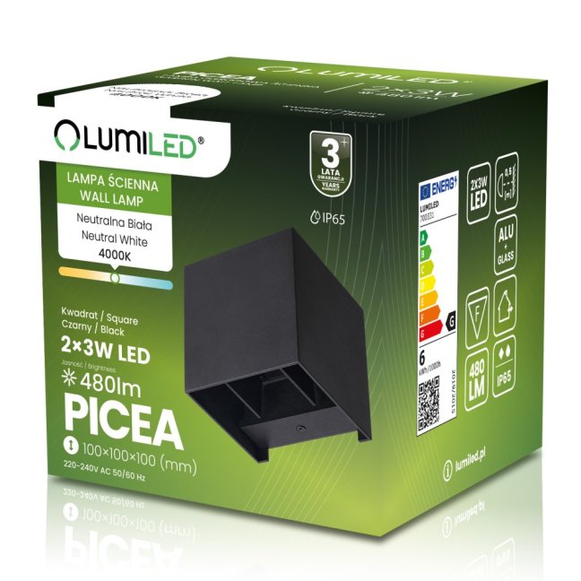 LED fasádne nástenné svietidlo 2x3W 4000K Nastaviteľné zhora nadol Čierna PICEA LUMILED