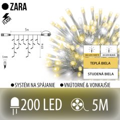 Zara led svetelná záclona vonkajšia flash - 200led - 5m teplá biela/flash prebliknutie studená biela - transparentný kábel