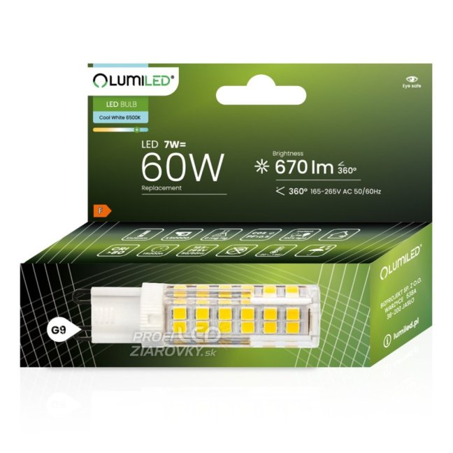 LED žiarovka G9 s päticou 7W = 60W 670lm 6500K Cold 360° LUMILED